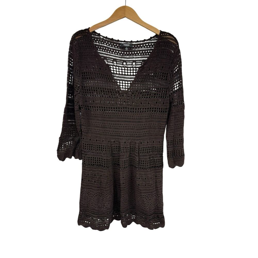 Premise Studio Brown Open Knit Tunic Sweater Beach Resort Swim Coverup Womens M